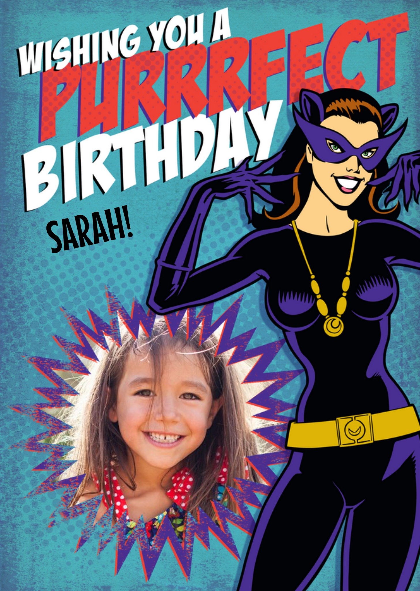 Batman Catwoman Purrrfect Personalised Photo Upload Birthday Card, Large