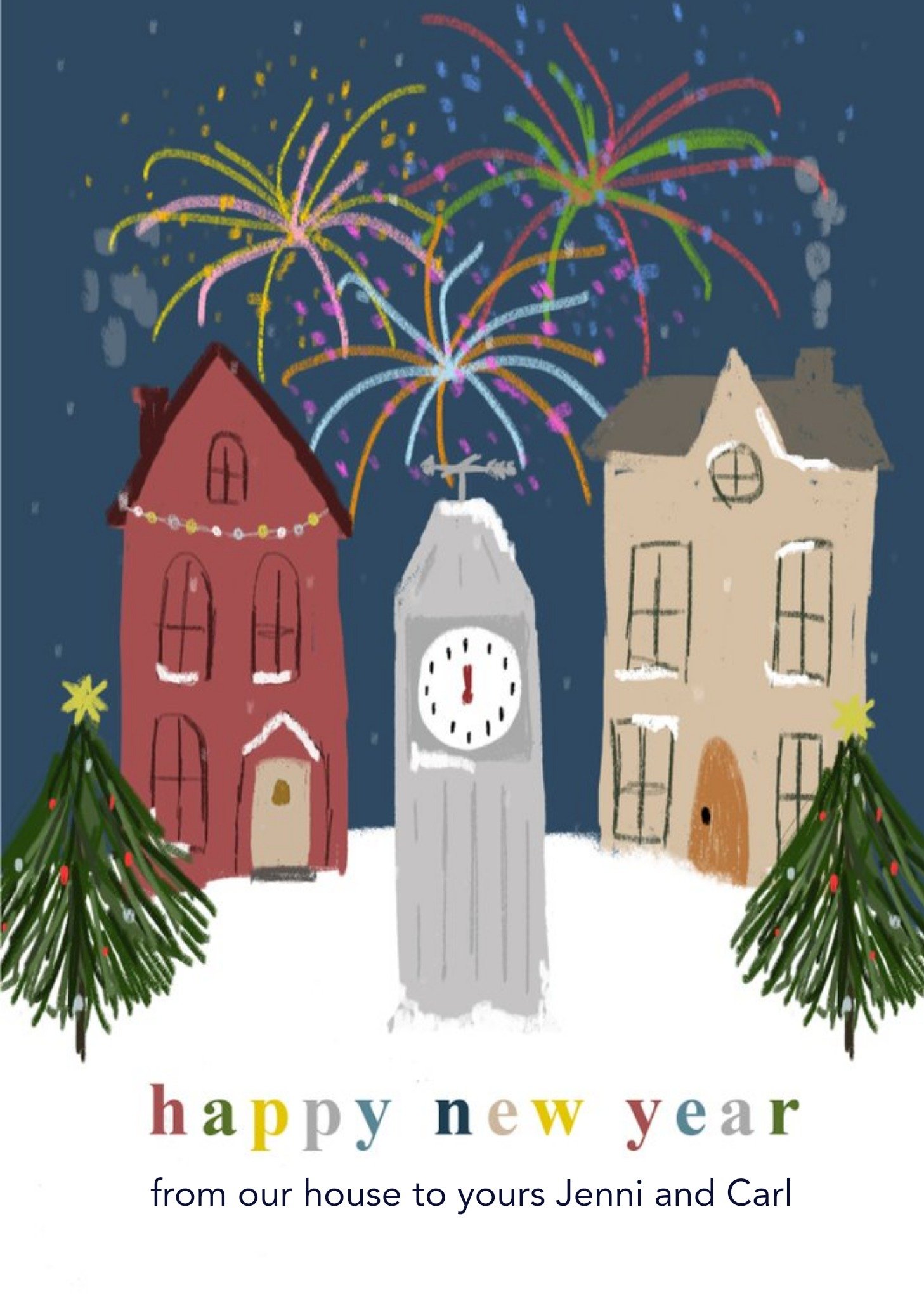 Sketched Happy New Year Town Scene Card Ecard