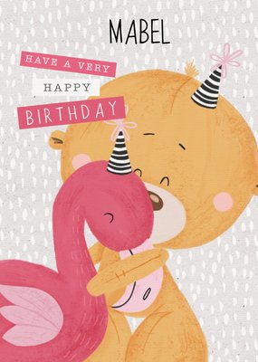 Cute Uddle Bear Cuddling Flamingo Birthday Card