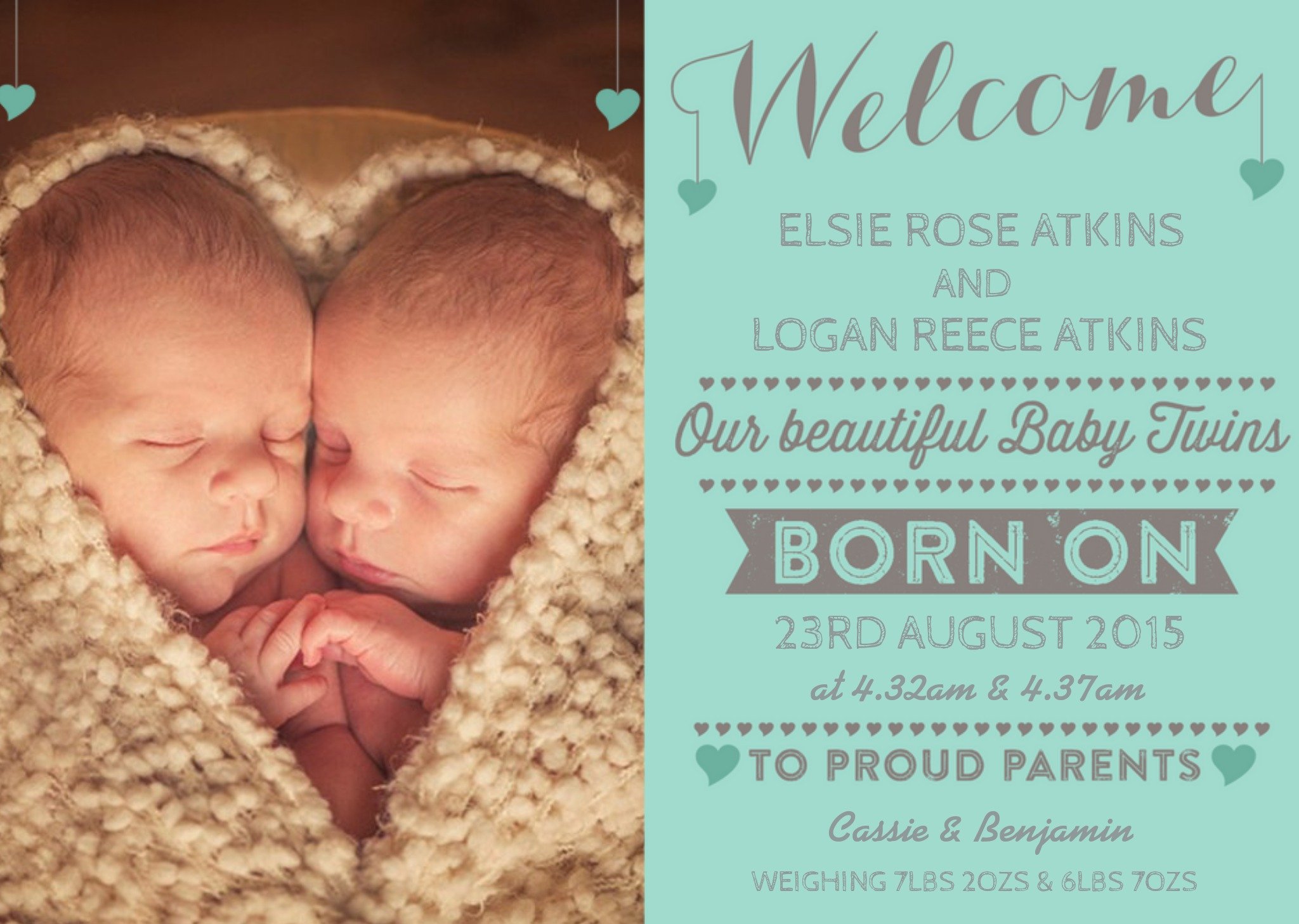 New Baby Twins Teal Announcement Card Ecard