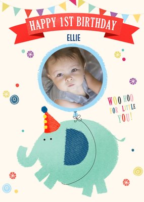 Illustration Of An Elephant With A Photo Frame Balloon First Birthday Photo Upload Card