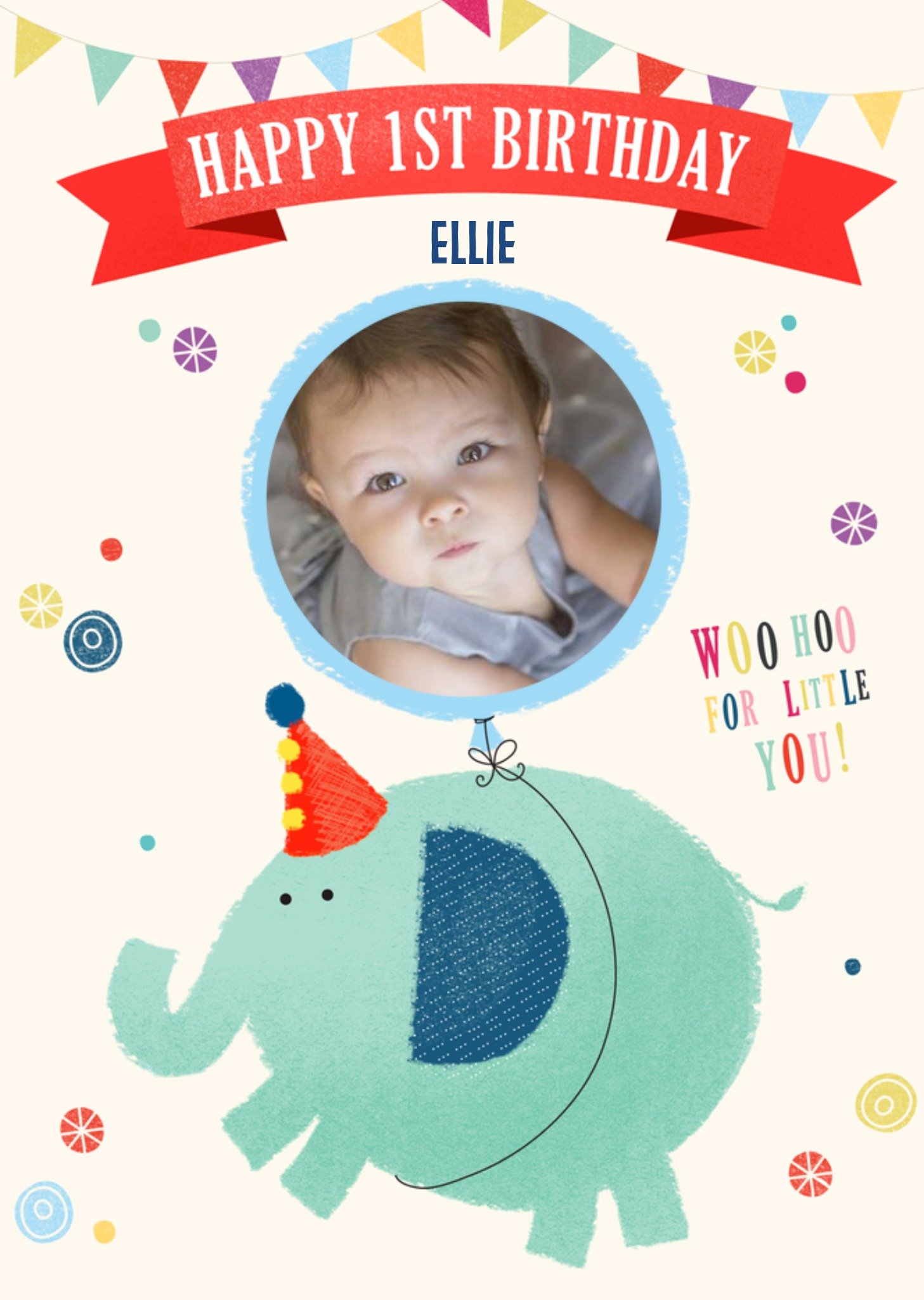 Moonpig Illustration Of An Elephant With A Photo Frame Balloon First Birthday Photo Upload Card, Lar