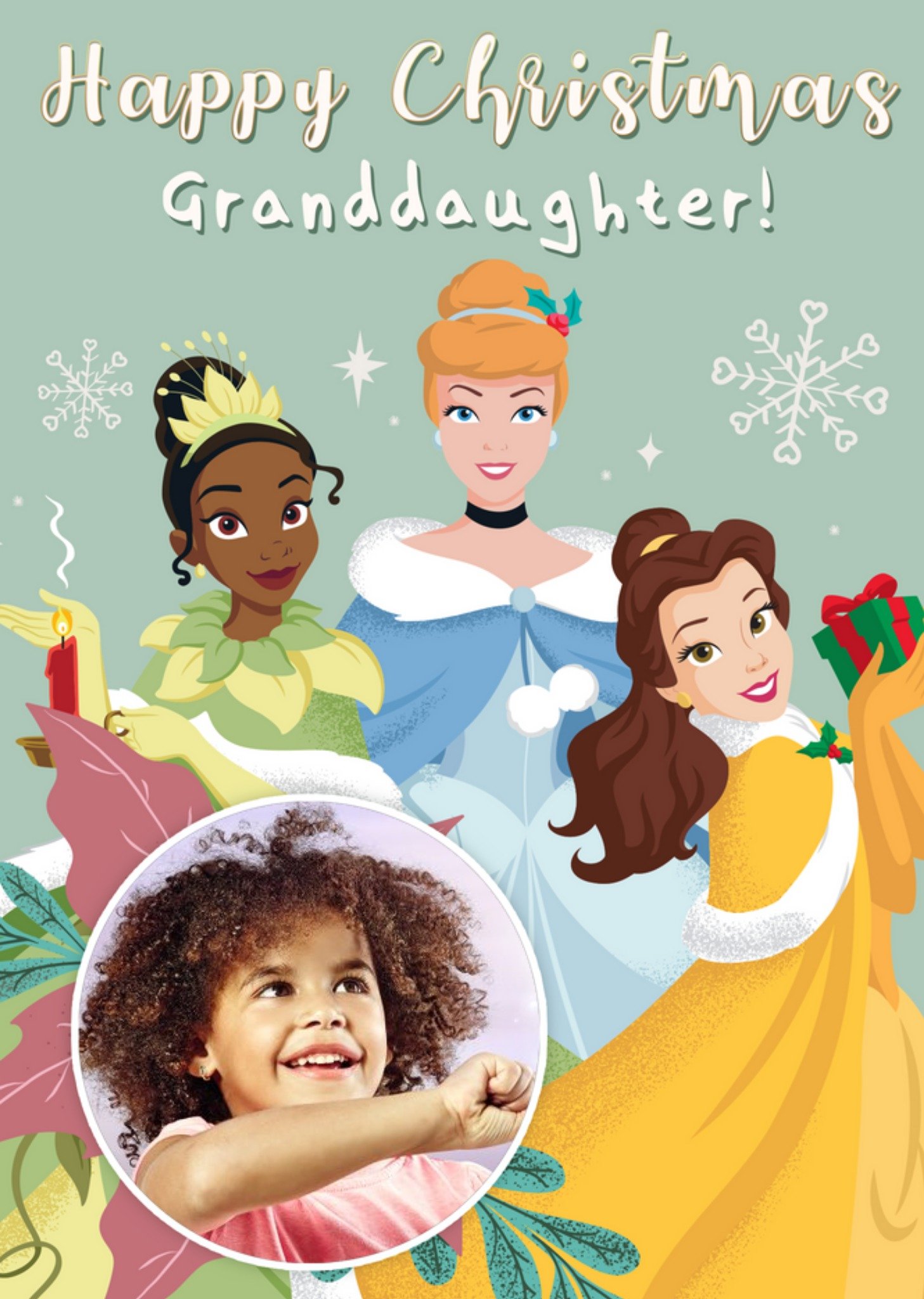 Disney Princesses Tiana, Belle And Cinderella Granddaughter Photo Upload Christmas Card Ecard