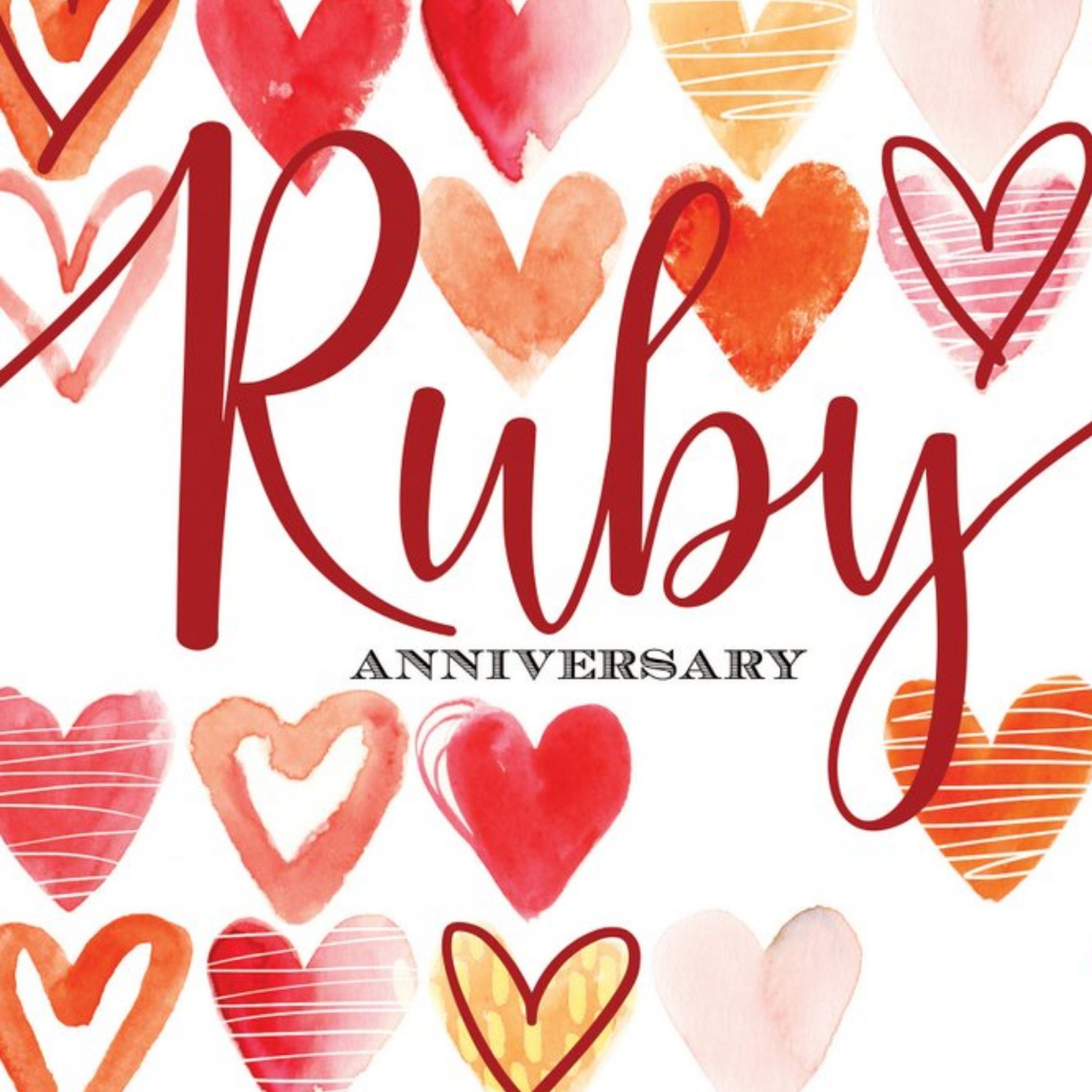 Ruby Anniversary Watercolur Hearts Card, Square