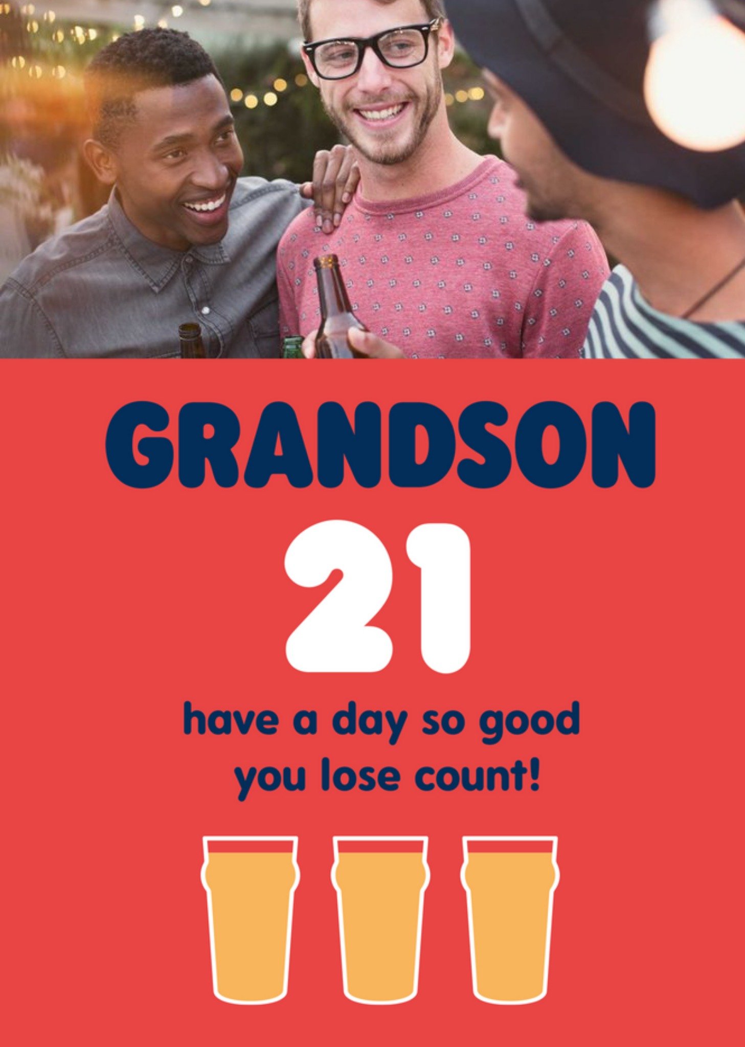 Moonpig Illustration Of Three Beers Grandson's Photo Upload Twenty First Birthday Card, Large