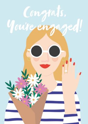Illustration Of A Woman With An Engagement Ring And Flowers You're Engaged Congratulations Card