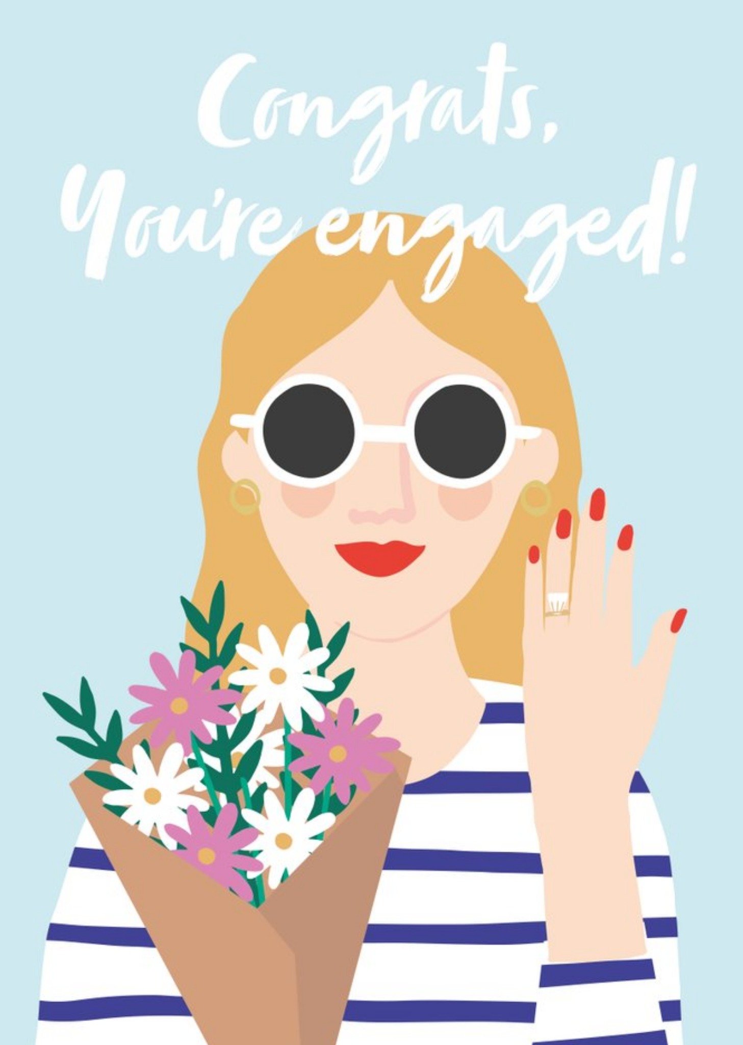 Moonpig Illustration Of A Woman With An Engagement Ring And Flowers You're Engaged Congratulations C