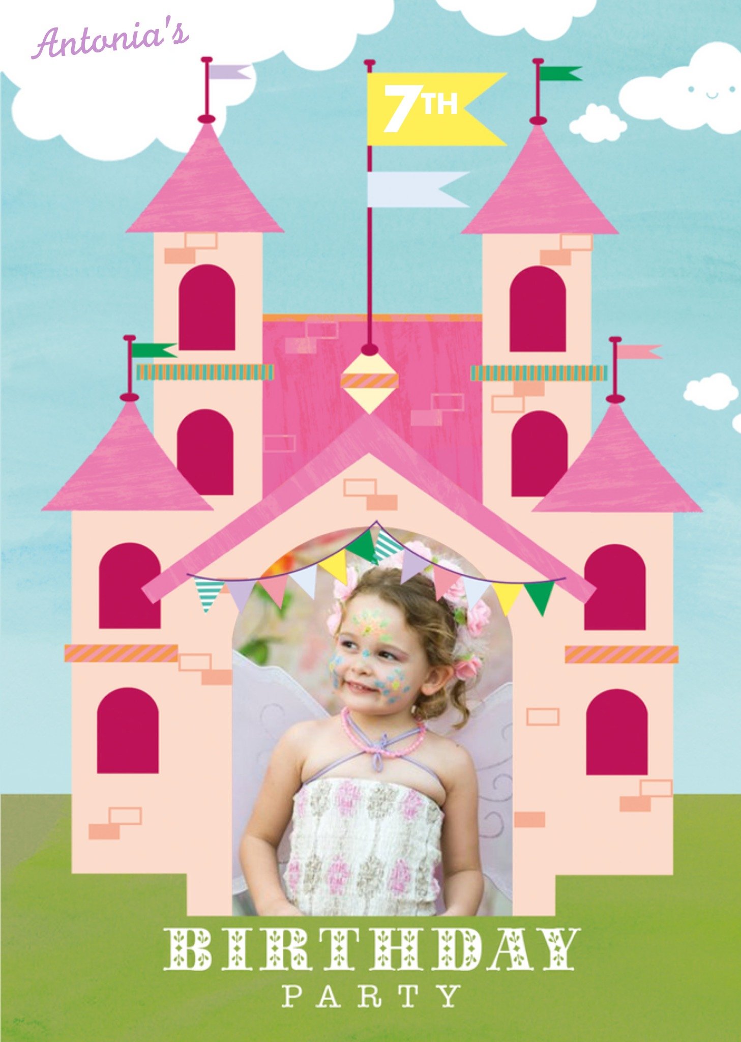 Moonpig Pink Castle Photo Upload Birthday Party Invitation Ecard