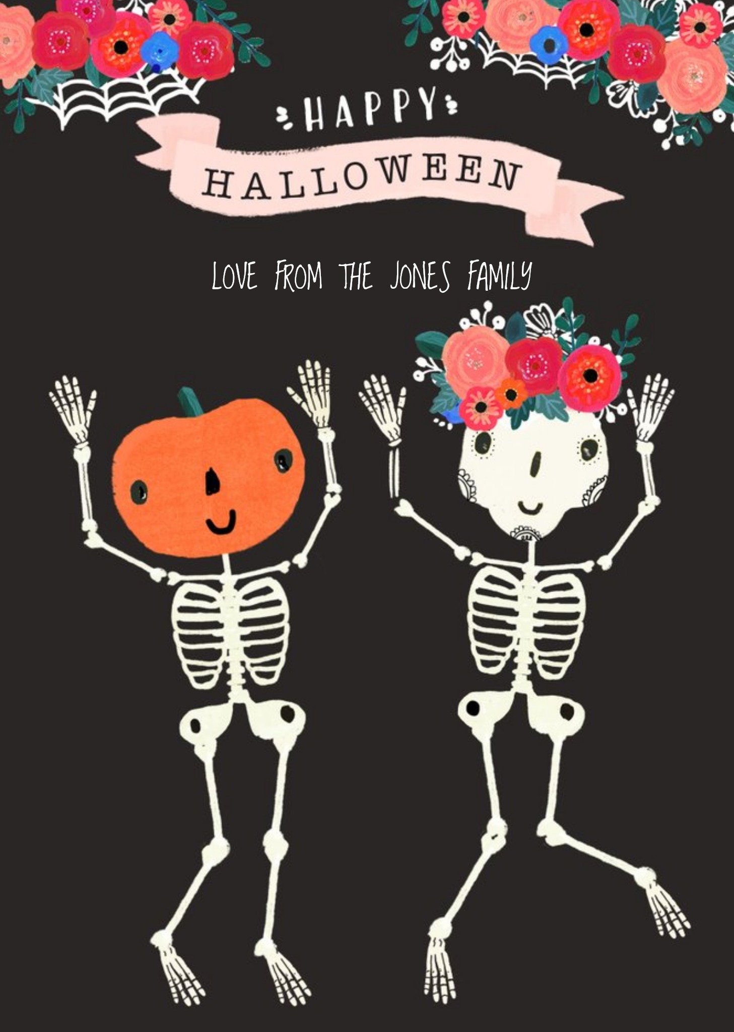 Illustrated Dancing Skeletons Personalised Halloween Card Ecard