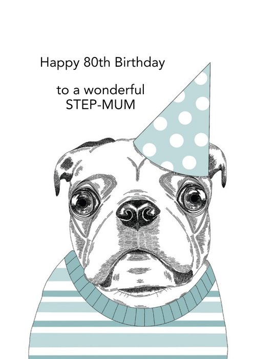 Cute Dog Illustration Step Mum 80th Birthday Card