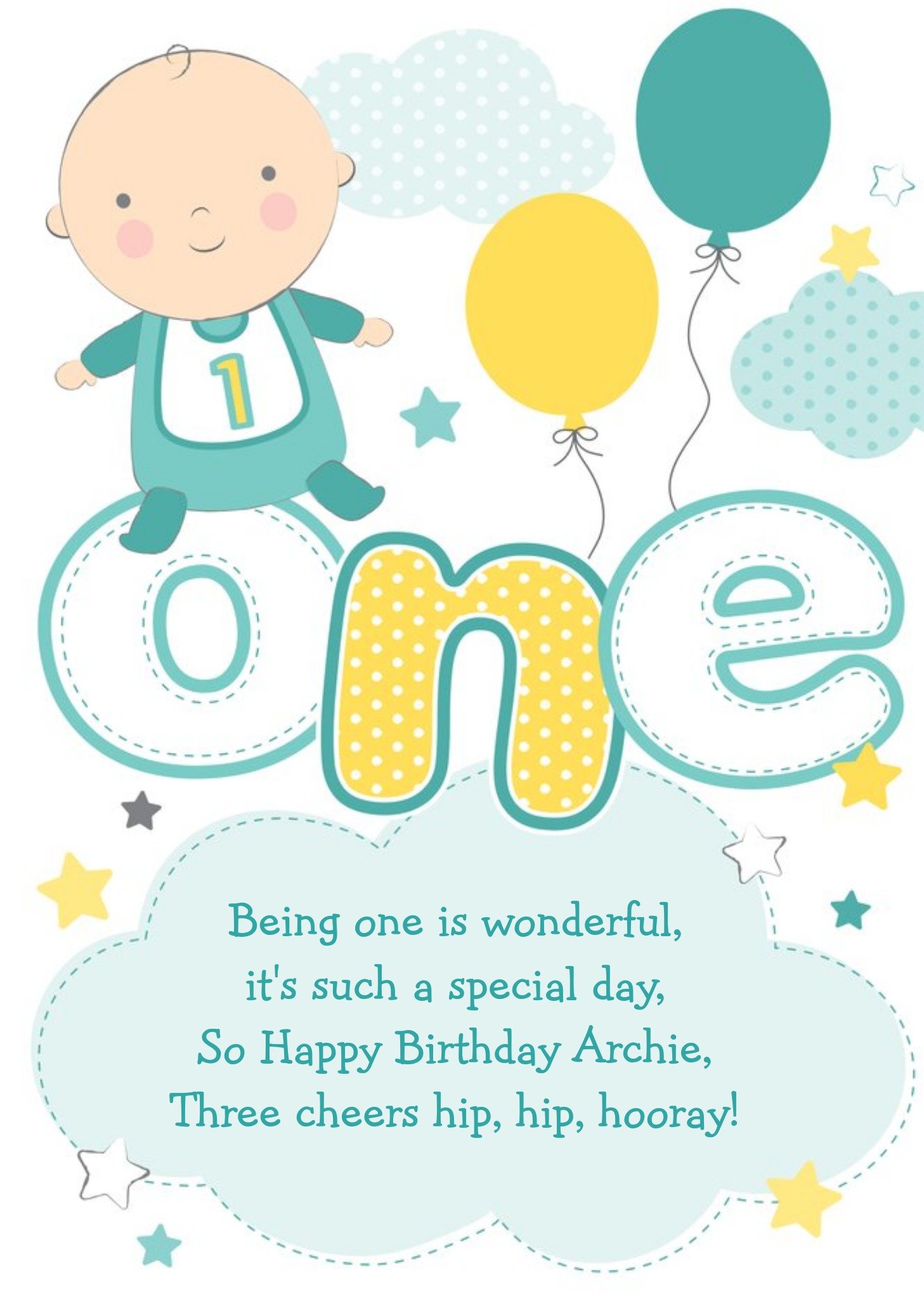 Moonpig Being One Is Wonderful Boy Personalised Happy 1st Birthday Card, Large