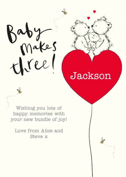 Illustrated Heart Balloon Customisable Baby Makes Three Card