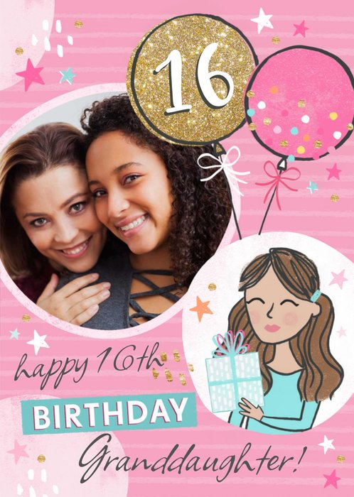 Illustration Of A Girl With A Present Granddaughter's Sixteenth Photo Upload Birthday Card