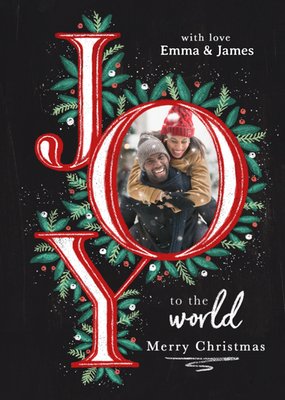 Festive Illustrated Joy Typography Photo Upload Christmas Greetings Card
