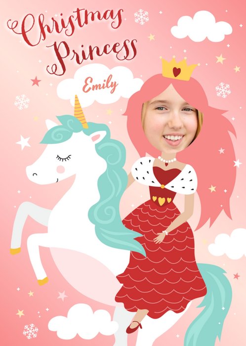 Christmas Princess On A Unicorn Face Photo Upload Card