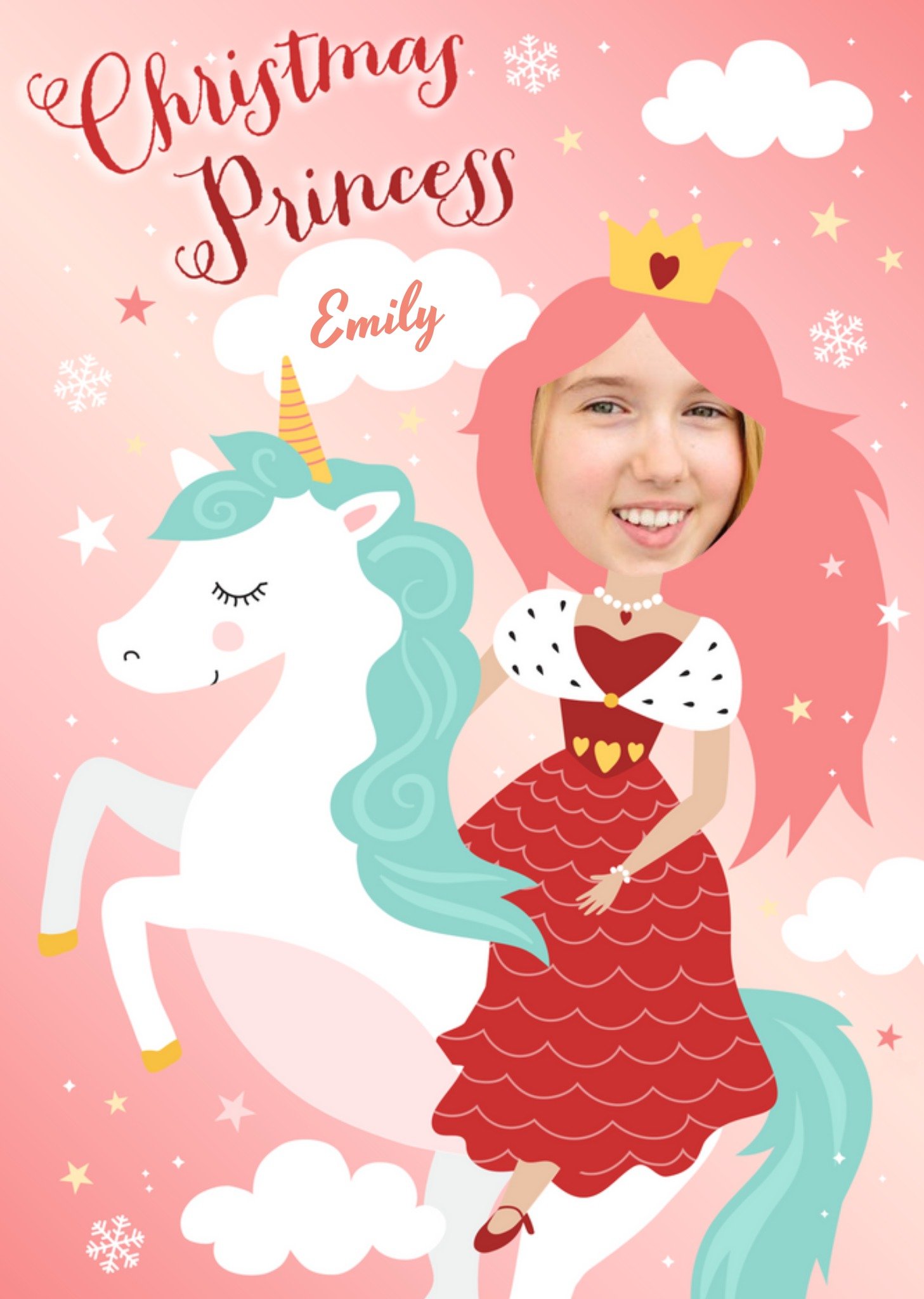 Moonpig Christmas Princess On A Unicorn Face Photo Upload Card, Large