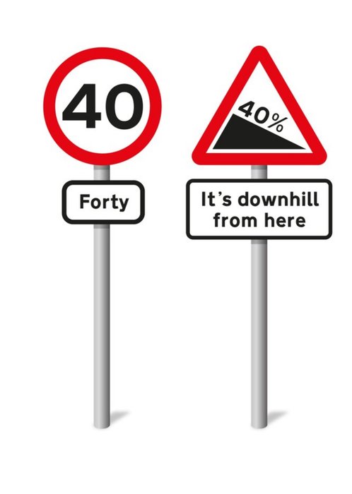 Graphic Illustration Of Road Signs Its Downhill From Here Fortieth Funny Pun Birthday Card