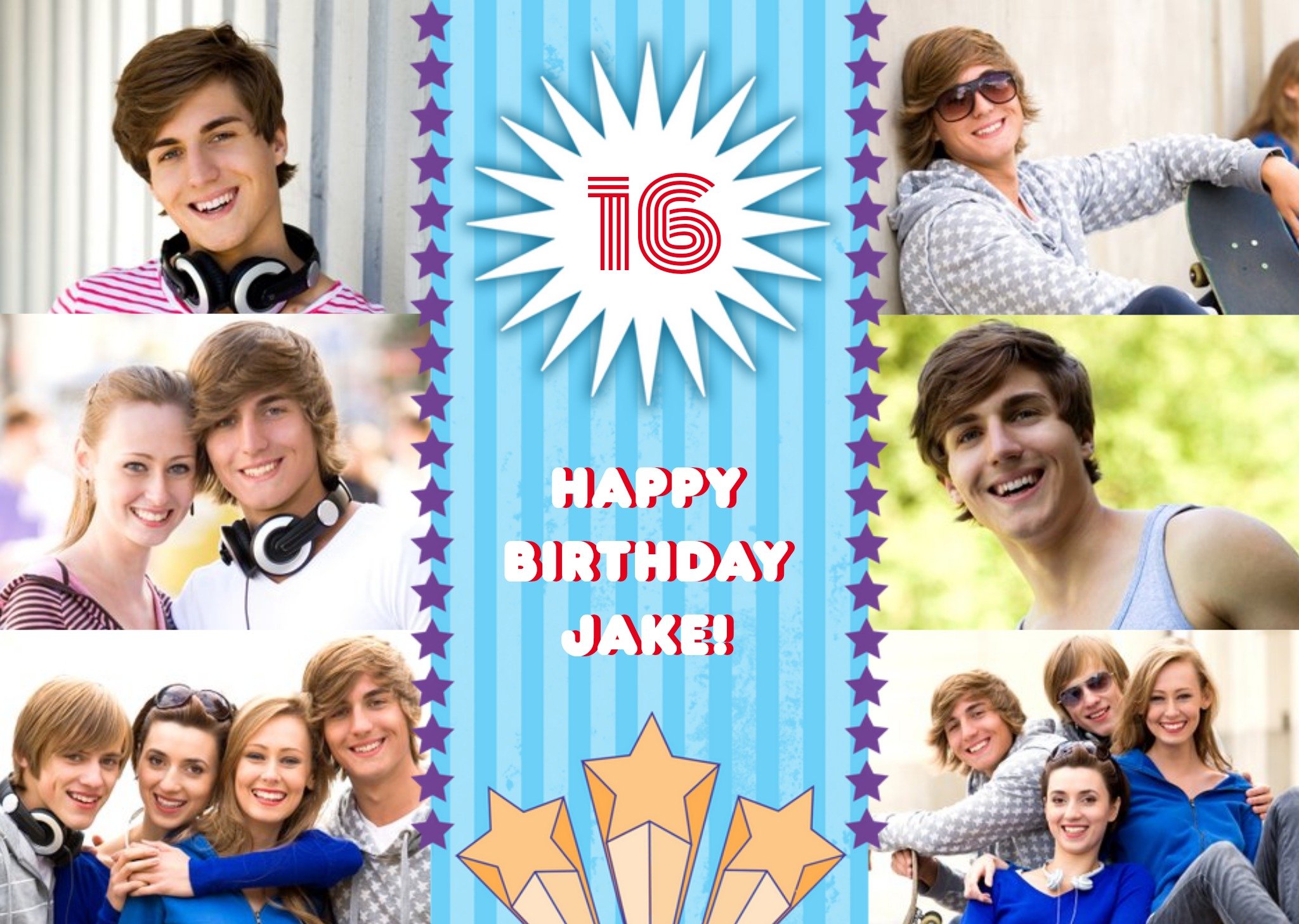 Blue Stripes And Stars Personalised Photo Upload Happy 16th Birthday Ecard