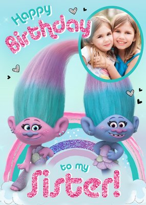 Birthday card - sister - Trolls - Satin and Chenille - photo upload card