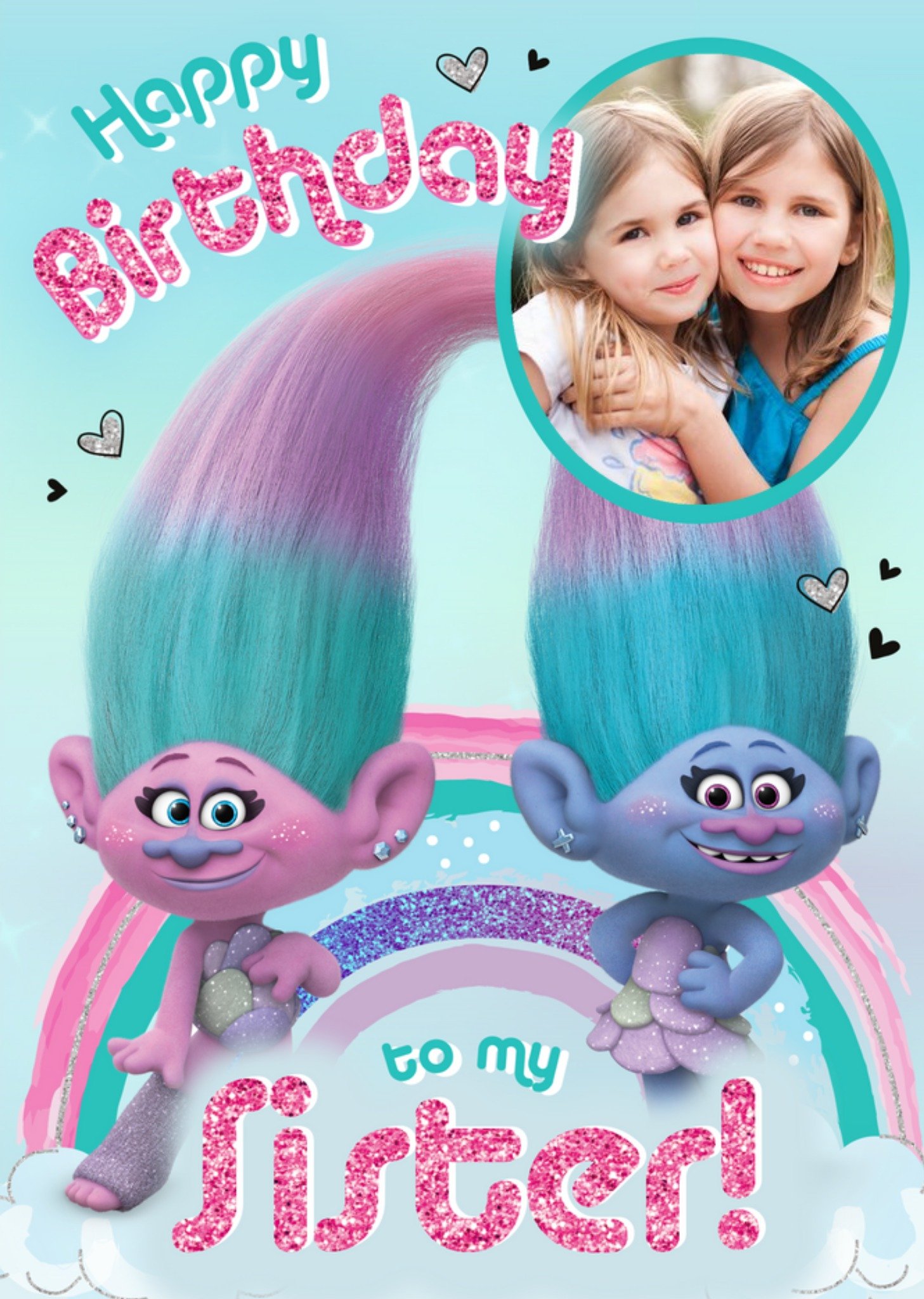 Birthday Card - Sister - Trolls - Satin And Chenille - Photo Upload Card, Large