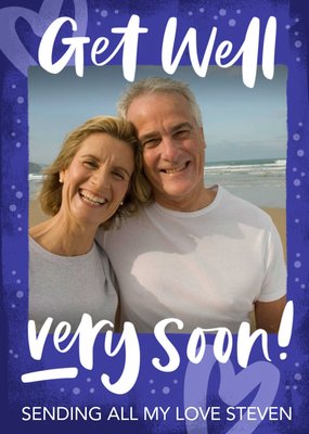 Handwritten Typography On A Blue Patterned Background Get Well Soon Photo Upload Card