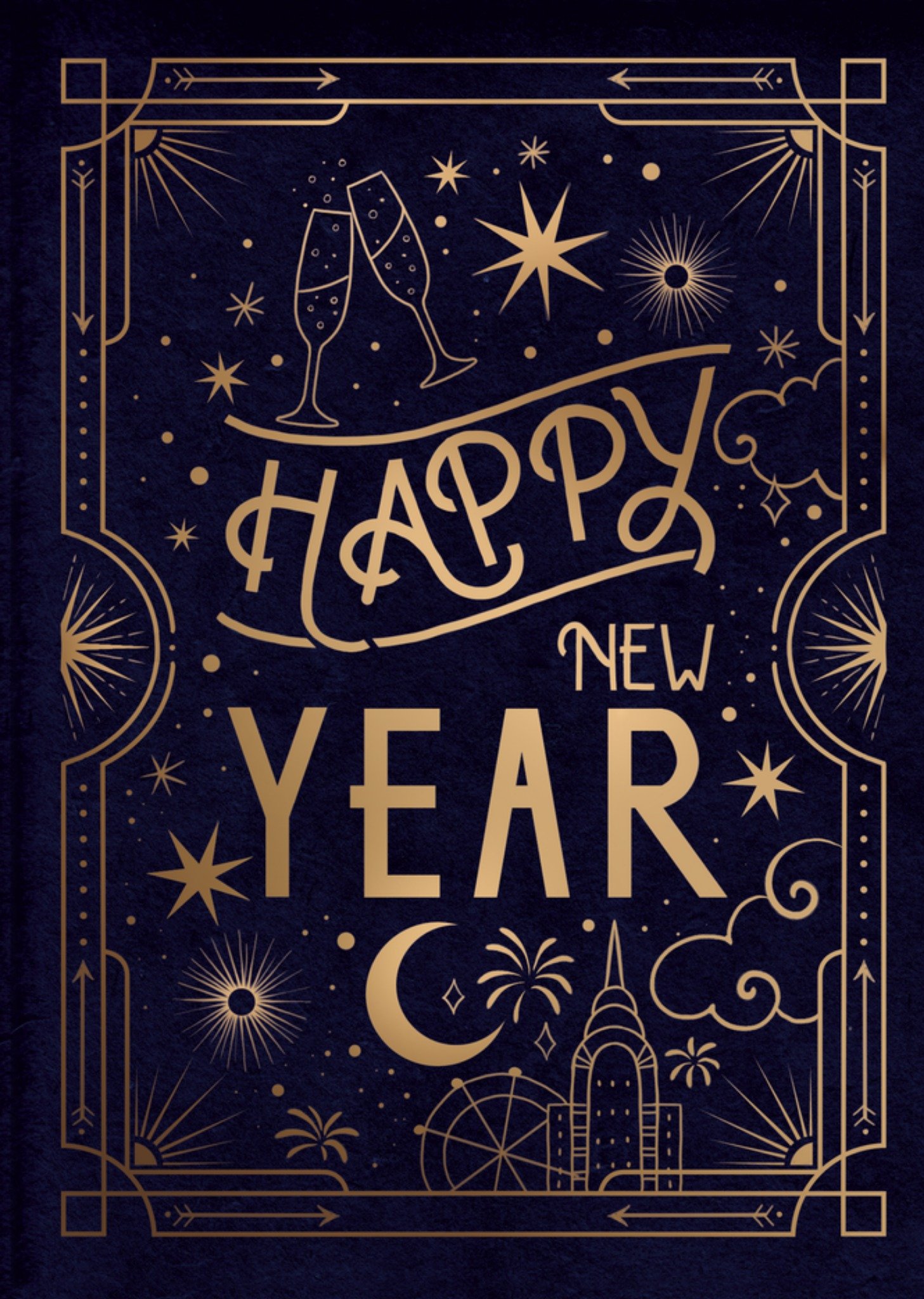 Moonpig Classy Illustrated Gold Foil Art Deco Style Typography Happy New Year Card, Large