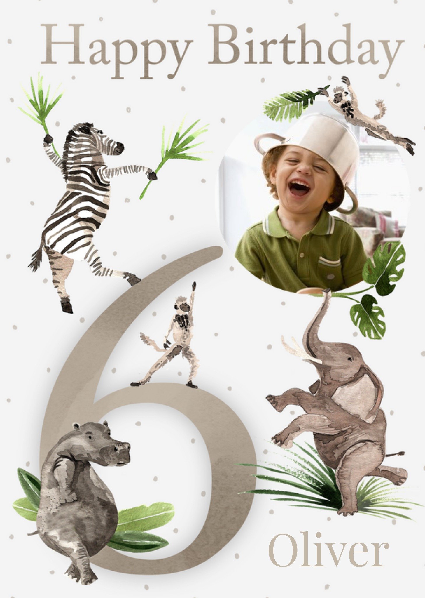 Okey Dokey Design Watecolour Illustrated Photo Upload Dancing Animals 6th Birthday Card Ecard