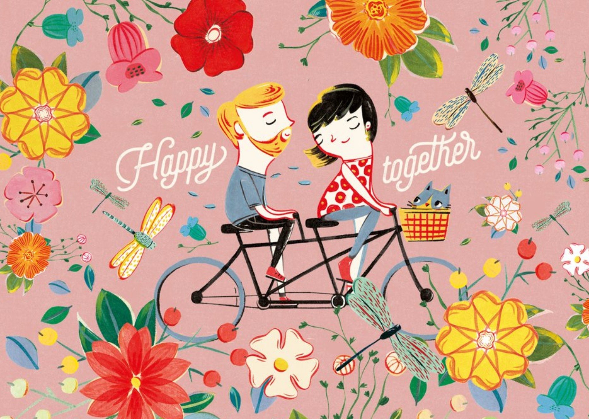 Floral Pink Illustrated Cyclist Couple Happy Together Card Ecard