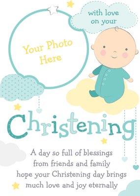 Baby And Clouds With Love Personalised Photo Upload Christening Card