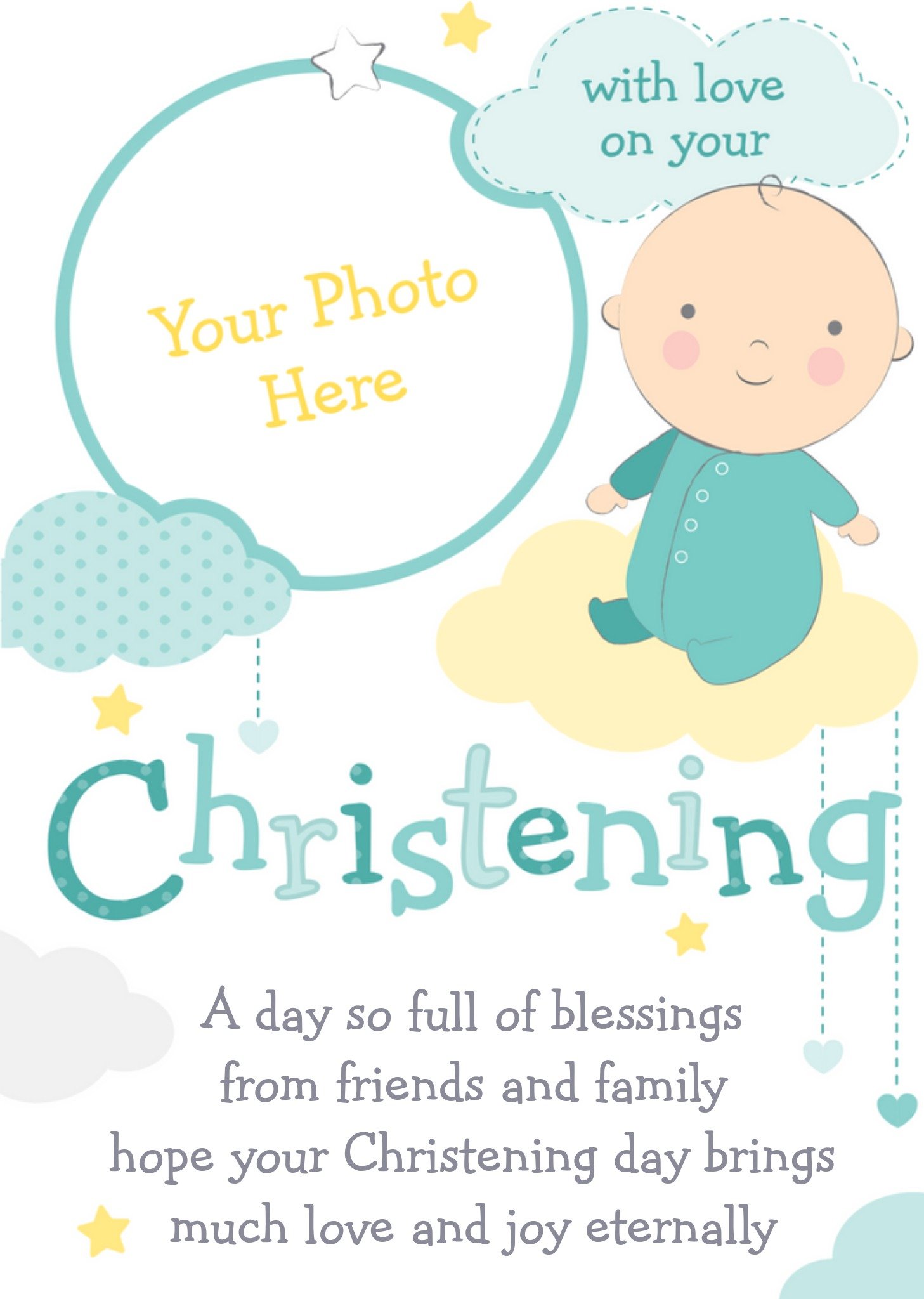 Moonpig Baby And Clouds With Love Personalised Photo Upload Christening Card, Large