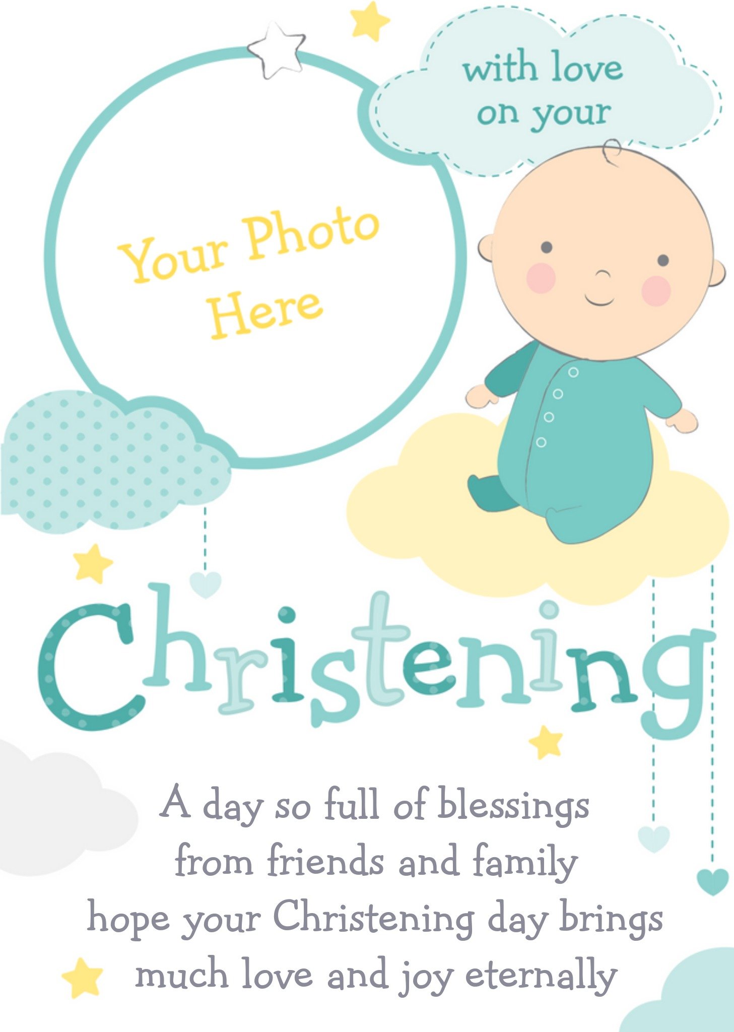 Baby And Clouds With Love Personalised Photo Upload Christening Card