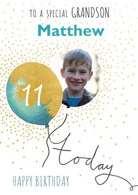 Illustration Of A Blue Balloon Surrounded by Glitter Grandson's Eleventh Birthday Photo Upload Card