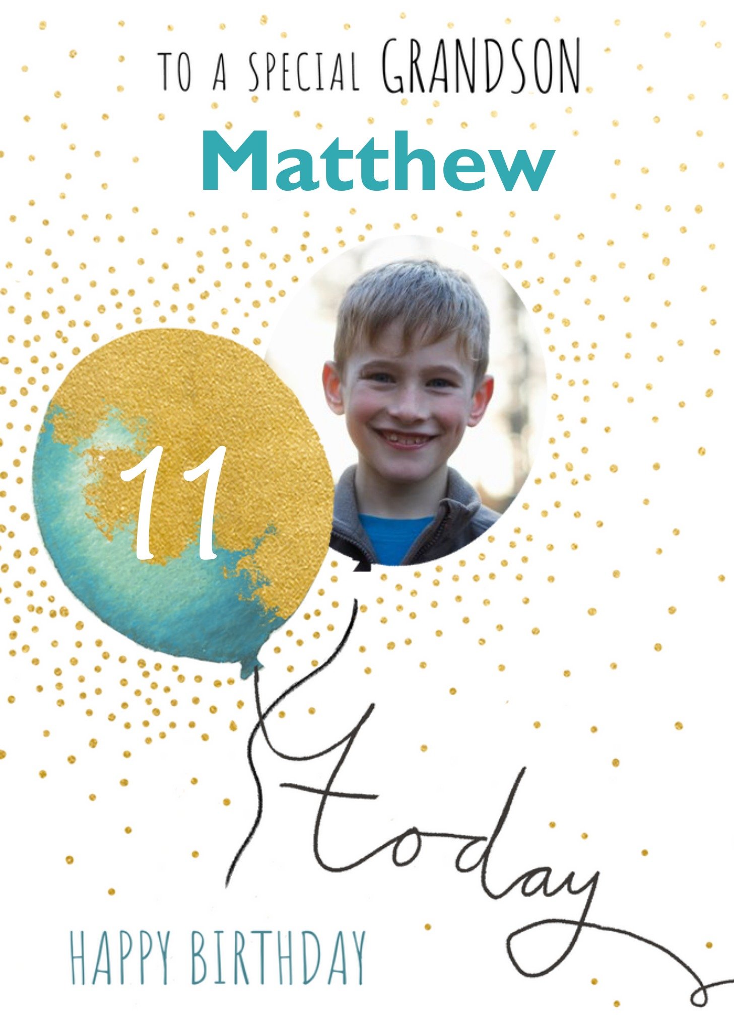 Ling Design Illustration Of A Blue Balloon Surrounded By Glitter Grandson's Eleventh Birthday Photo Upload Card Ecard