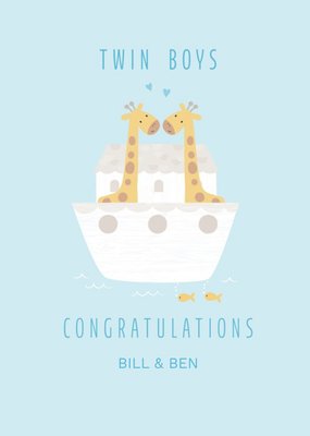 Cute Illustrative Giraffe Ship Twin Boy Card