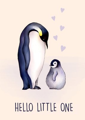 Poppy and Mabel Cute Penguin And Baby Illustration. Hello Little One, New Baby Card