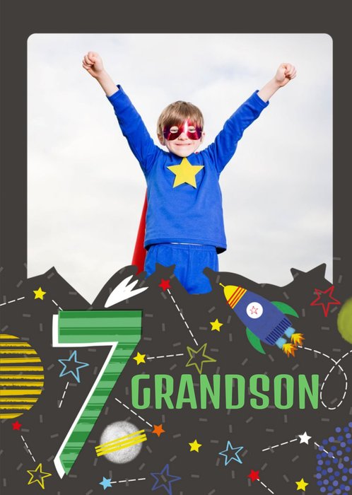 Space Theme Grandson 7th Birthday Photo Upload Card