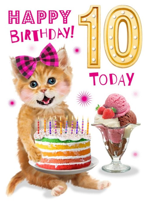 Cute Kitten With Cake 10th Birthday Card