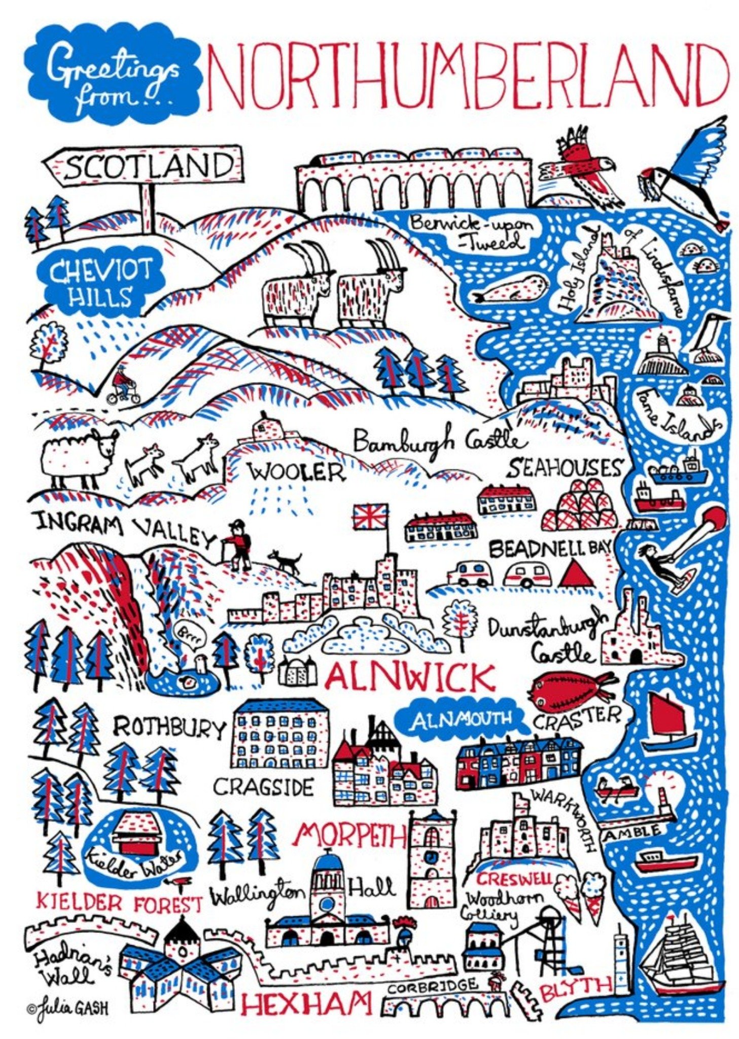 Illustrated Scenic Map Greetings From Northumberland Card Ecard