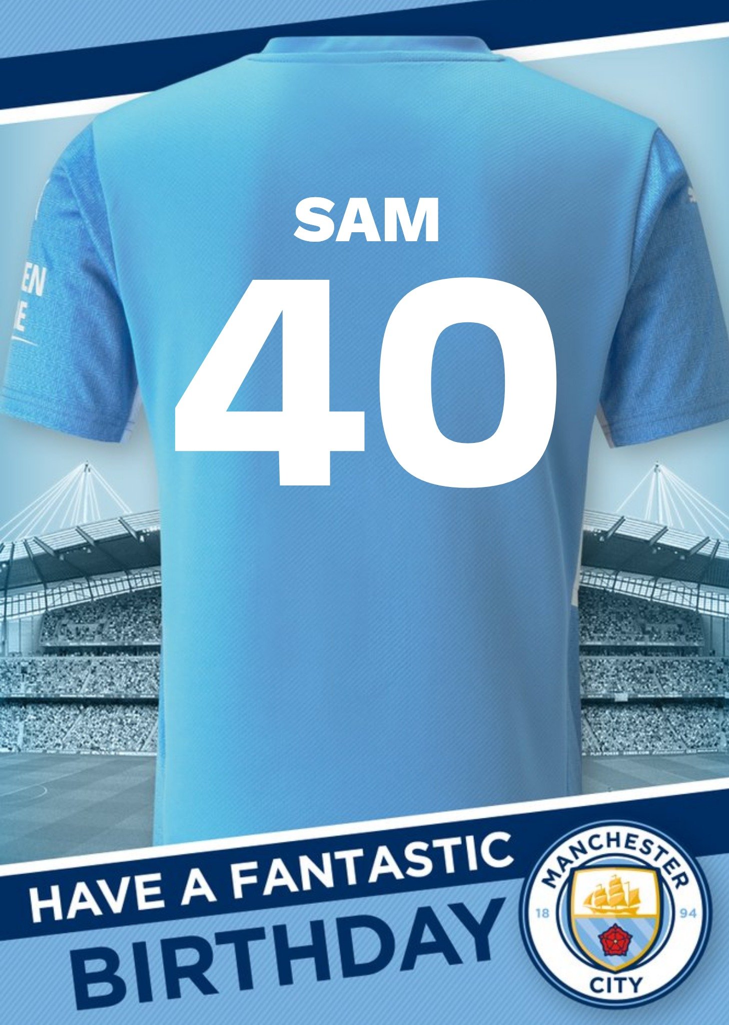 Moonpig Man City Personalised Football Shirt 40th Birthday Card Ecard