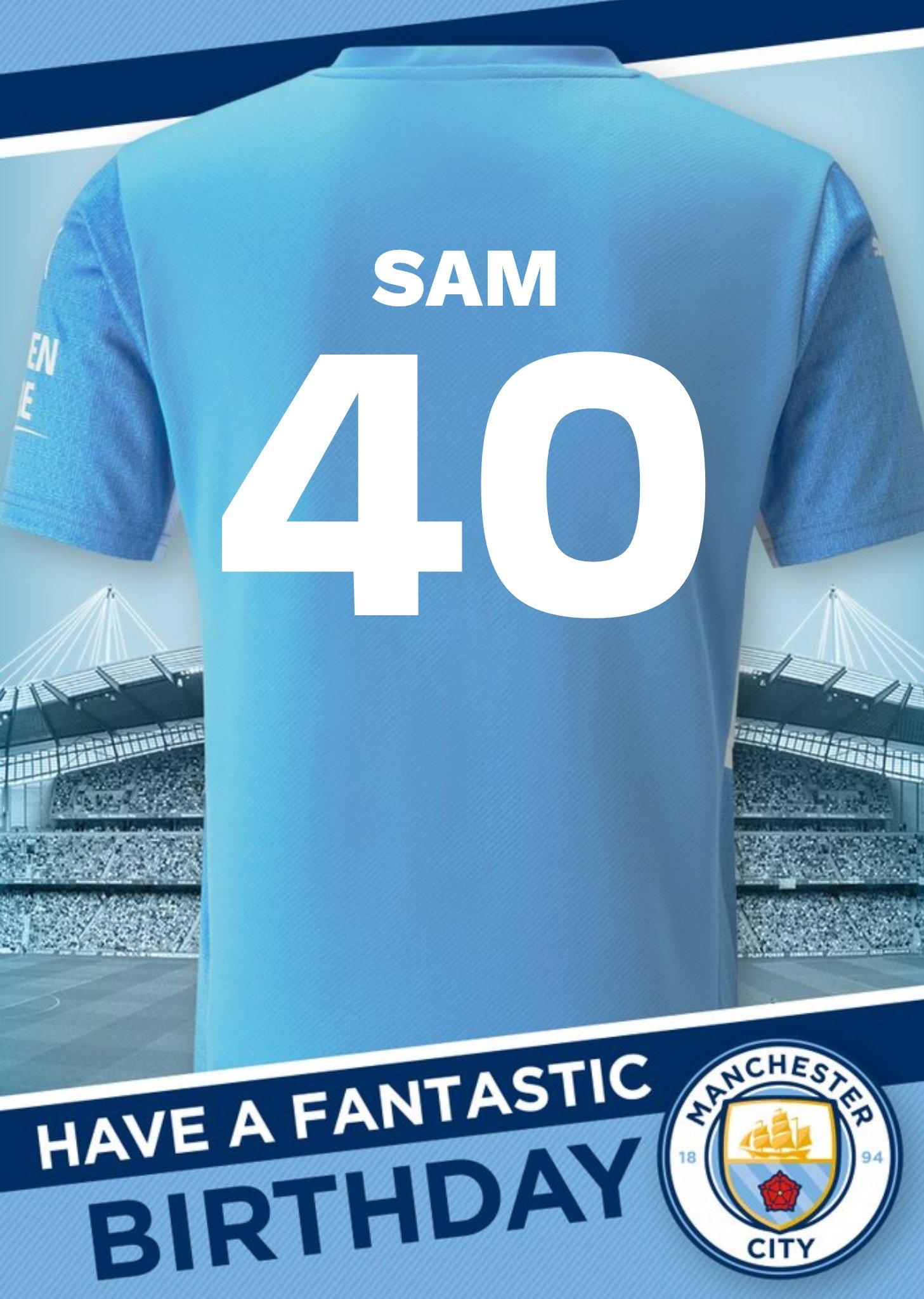 Man City Personalised Football Shirt 40th Birthday Card Ecard