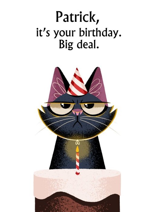 Beautiful Illustration Of A Grumpy Black Cat With A Cake Personalised Birthday Card