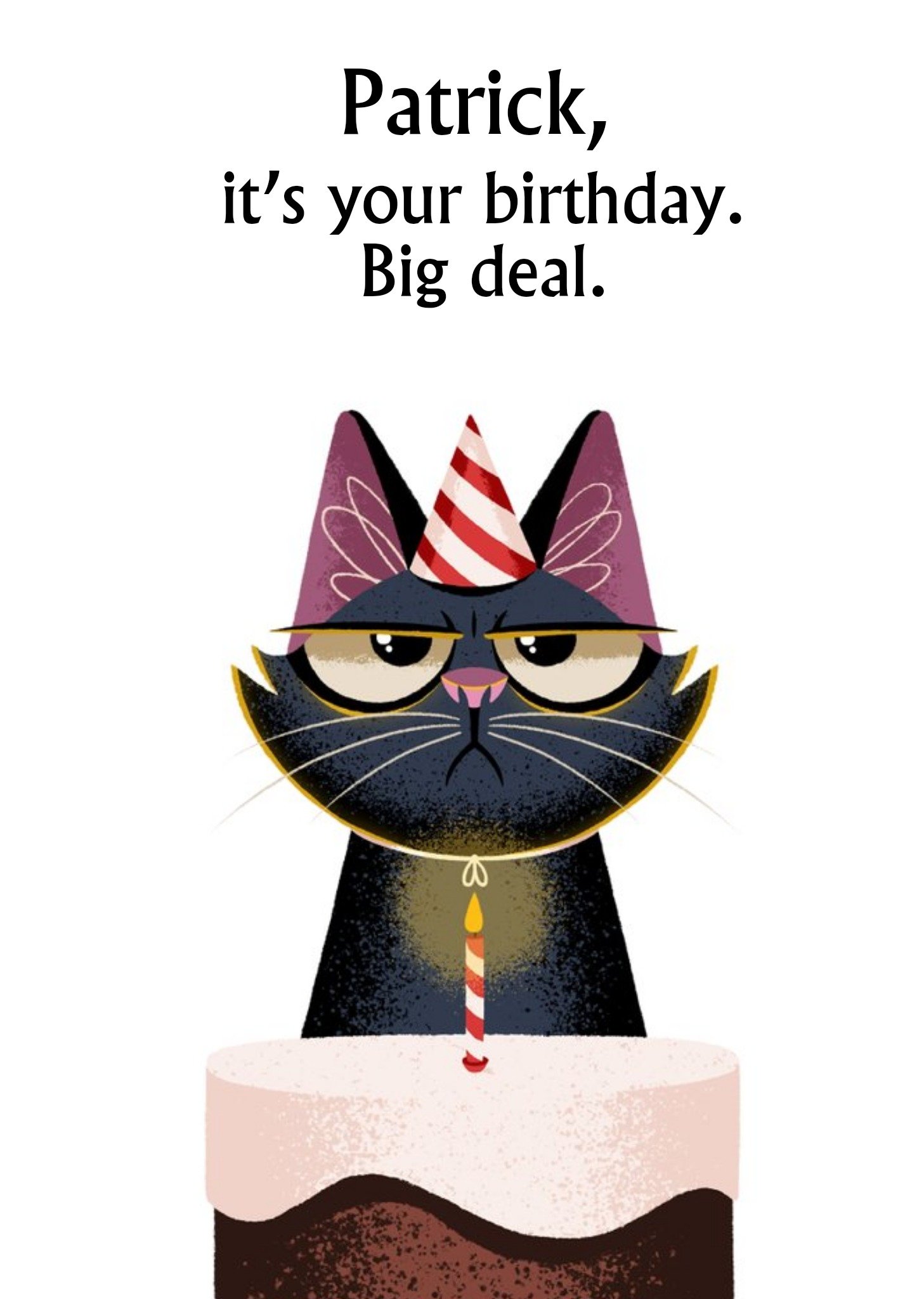 Beautiful Illustration Of A Grumpy Black Cat With A Cake Personalised Birthday Card Ecard