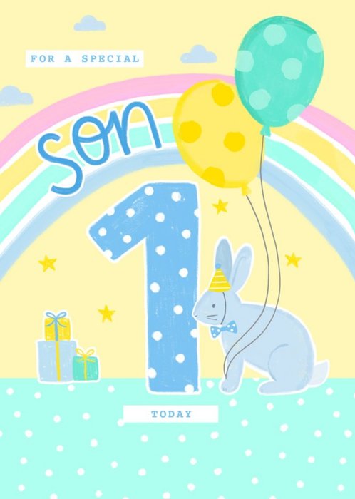 Illustrated Bunny Holding Birthday Balloons 1st Birthday Son Card