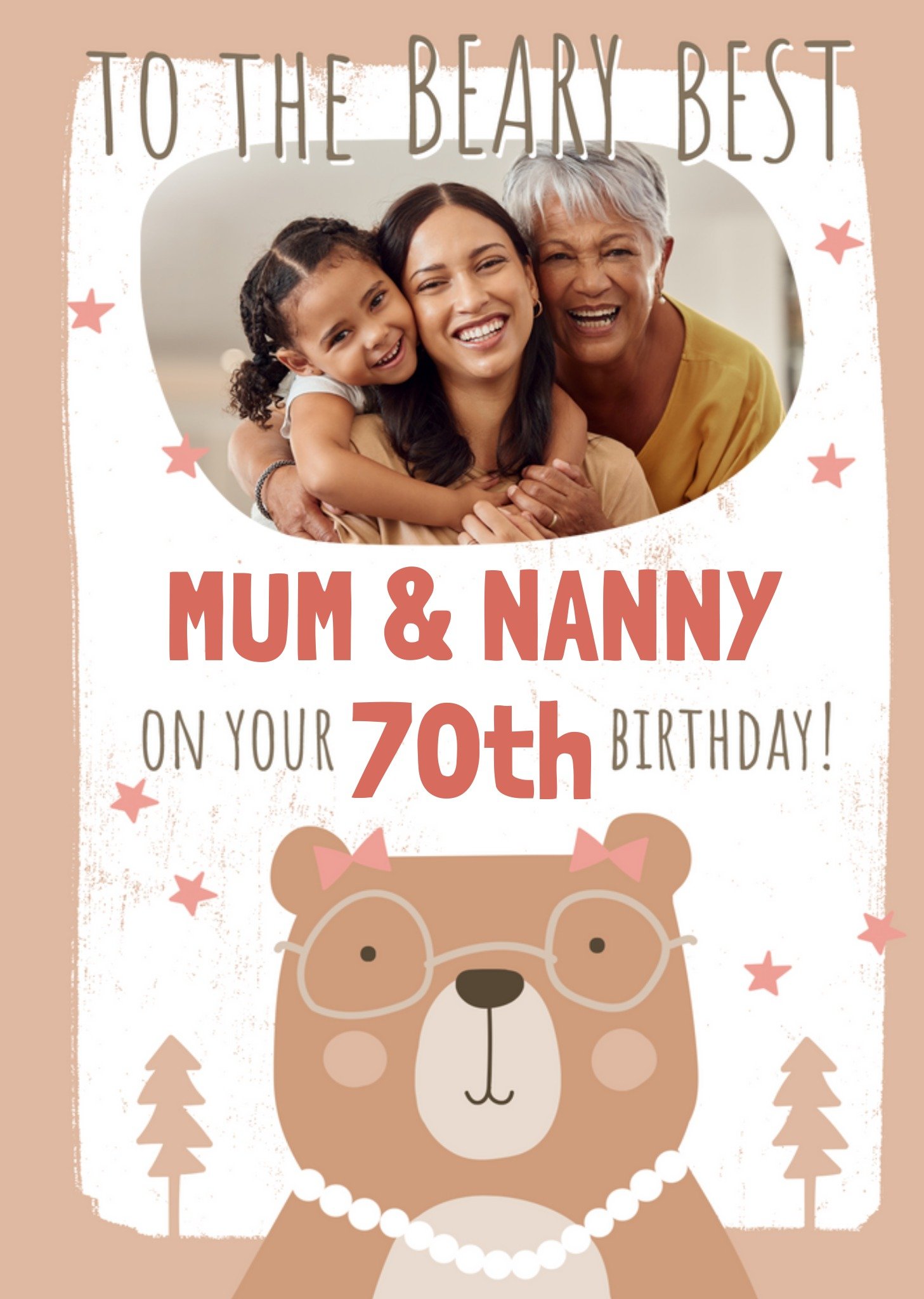 Moonpig Loving Mum And Nanny Bear Illustrated Photo Upload 70th Birthday Card, Large