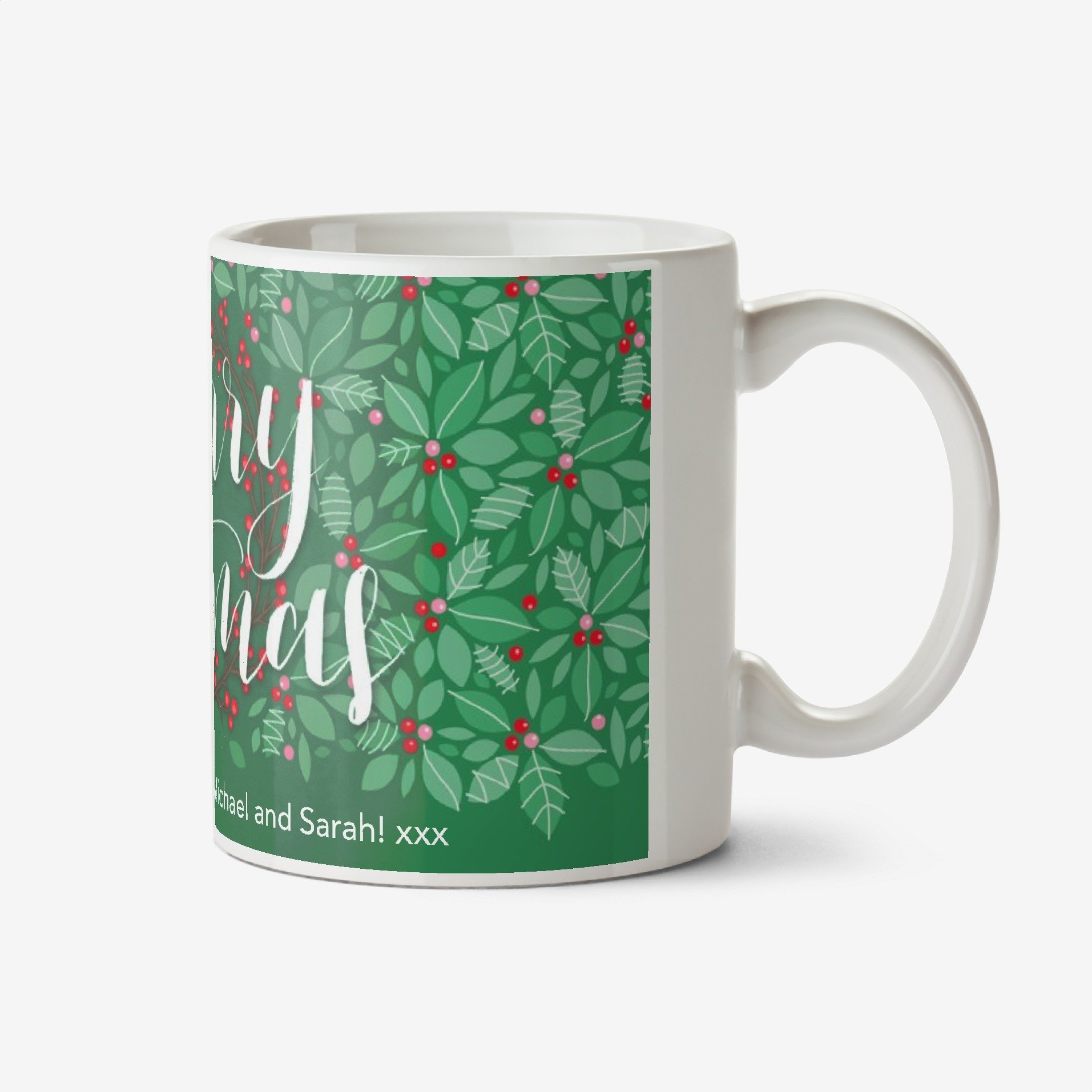 Moonpig Merry Christmas Green Holly Personalised Text Mug Ceramic Mug