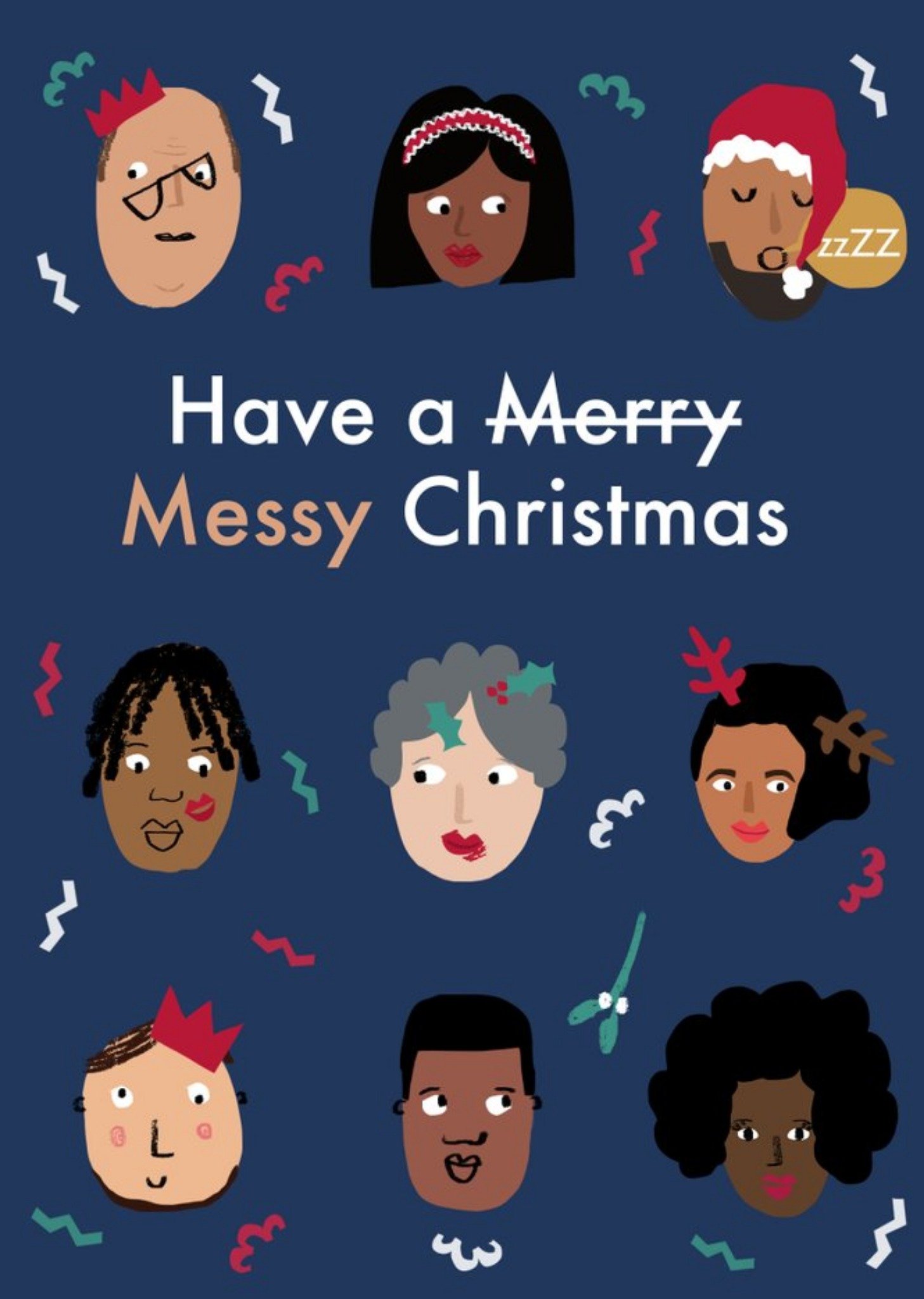 Moonpig Diverse Characters Faces Funny Have A Merry Messy Christmas Card Ecard