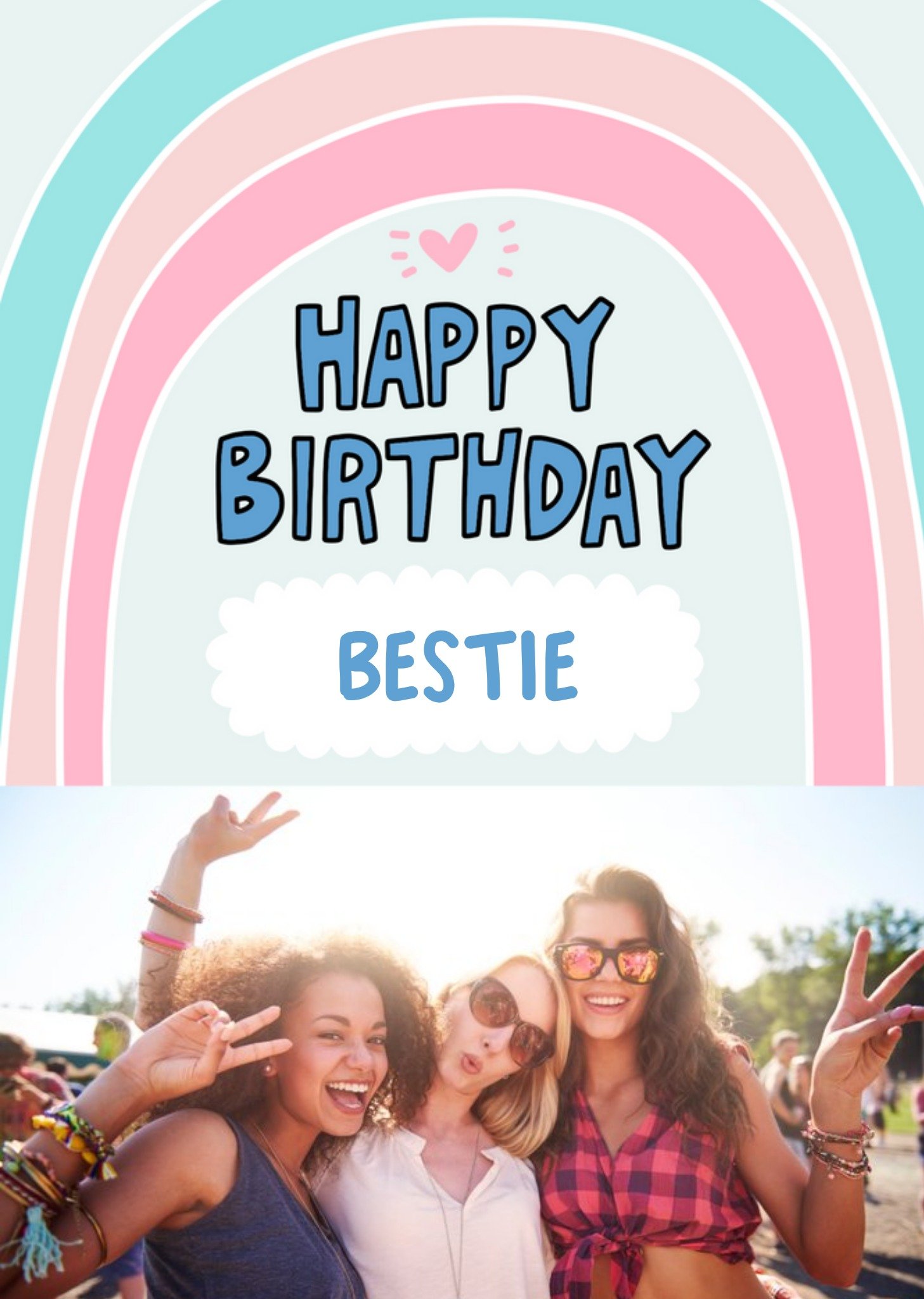 Rainbow Illustration Around Text Bestie Birthday Photo Upload Card