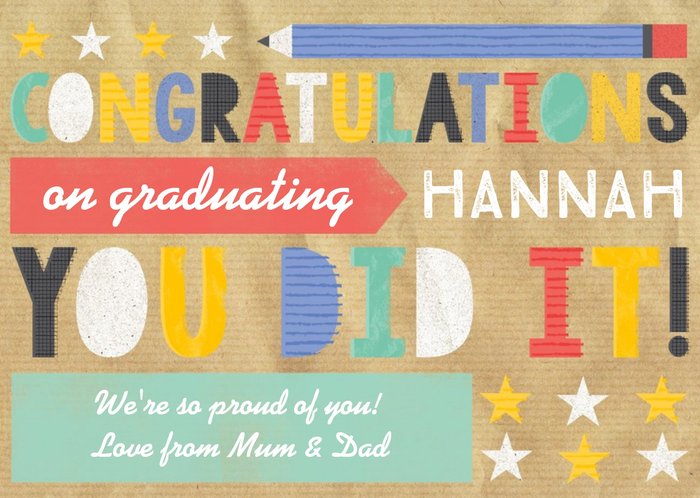 Pencil And Stars Personalised Congratulations On Graduating Card