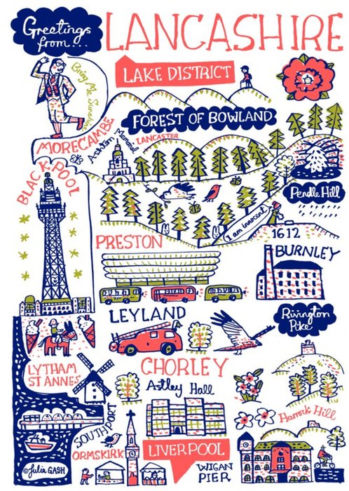 Illustrated Scenic Map Greetings From Lancashire Card