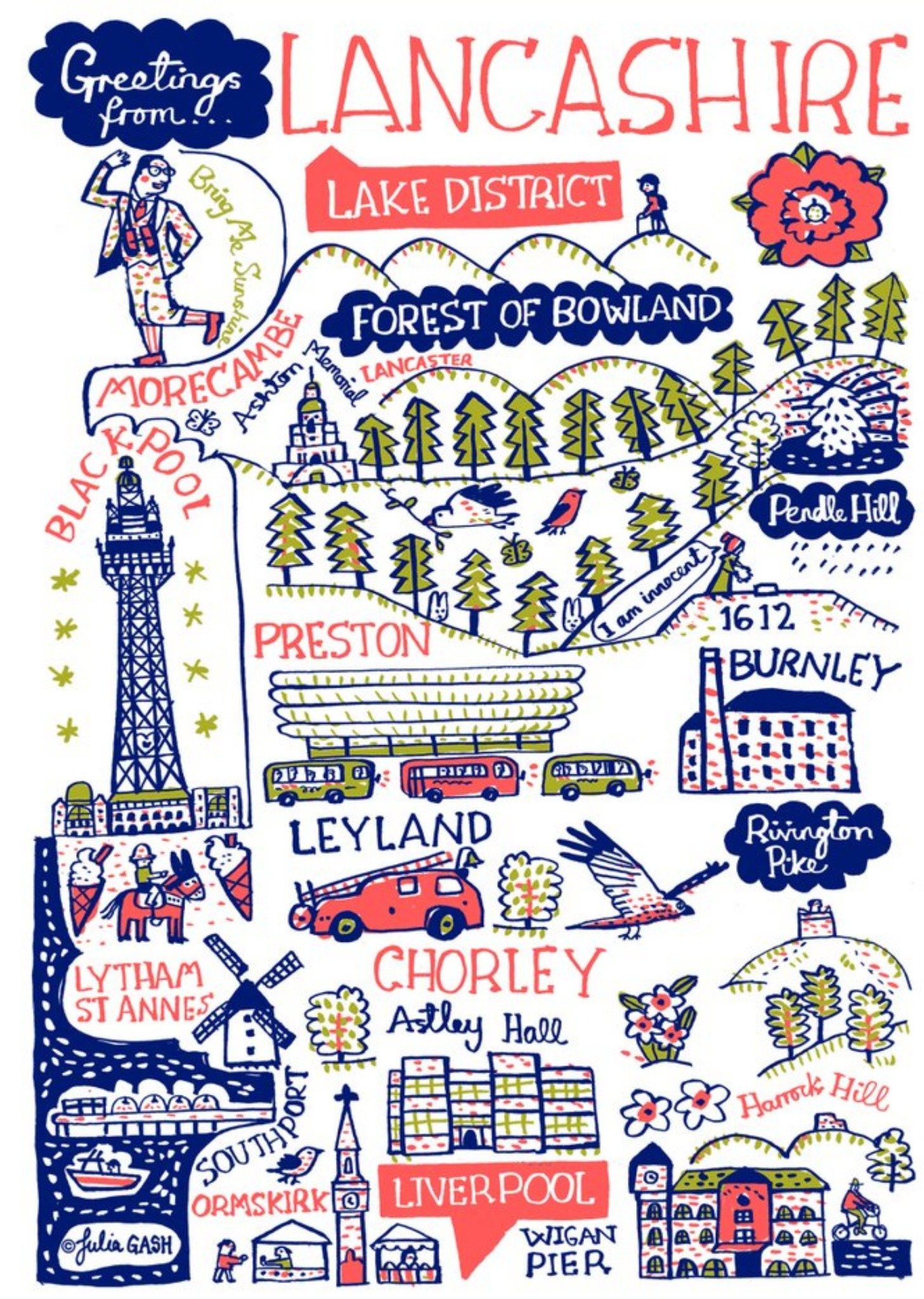 Illustrated Scenic Map Greetings From Lancashire Card Ecard